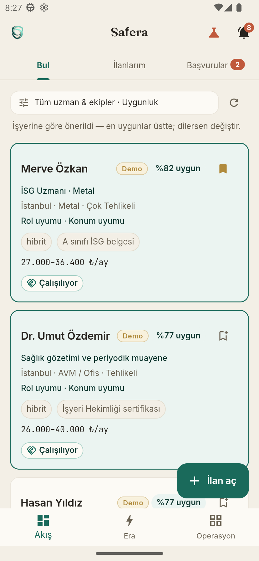 Şirket Akışı: örnek uzman ve hekim kartları, uyum puanları