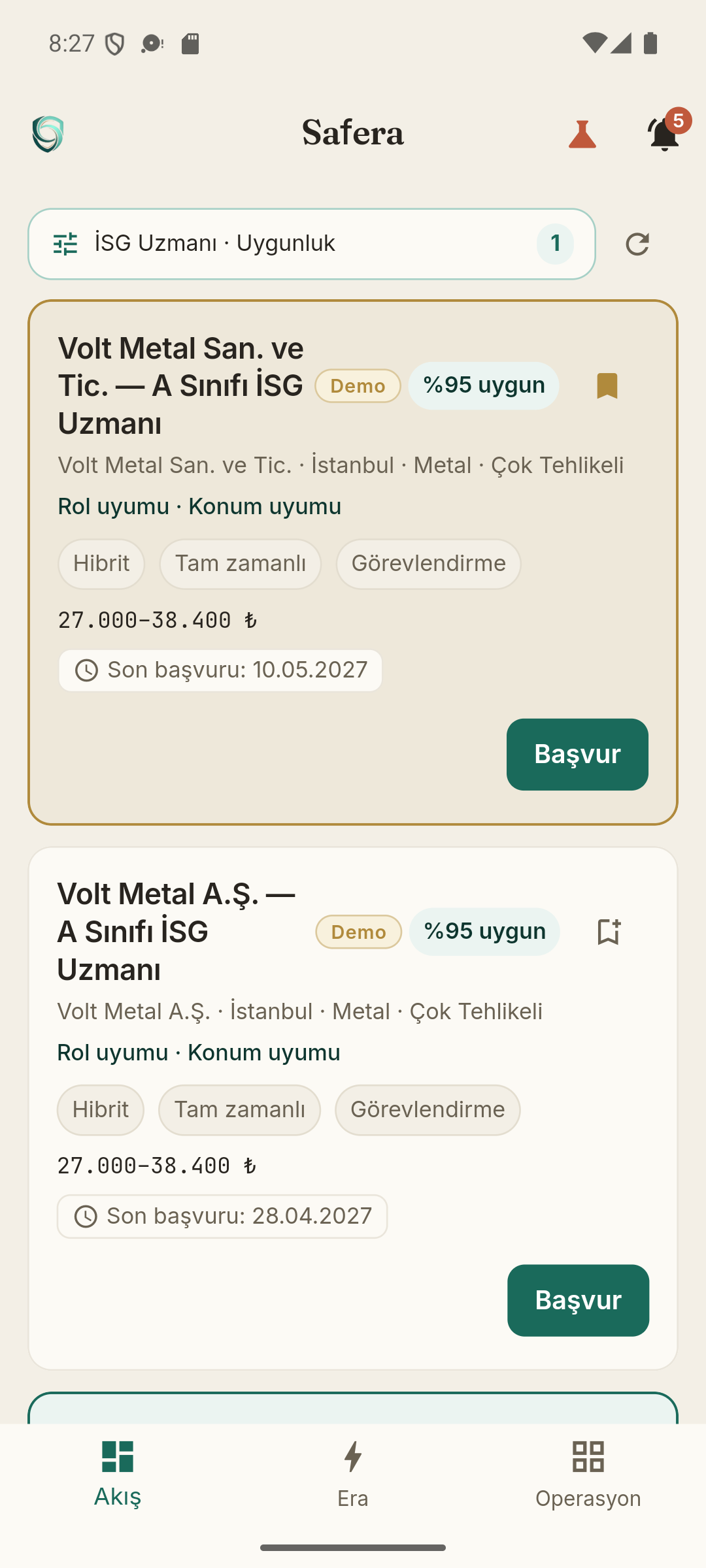 İSG uzmanı Akışı: örnek işyeri ilanları ve uyum puanları